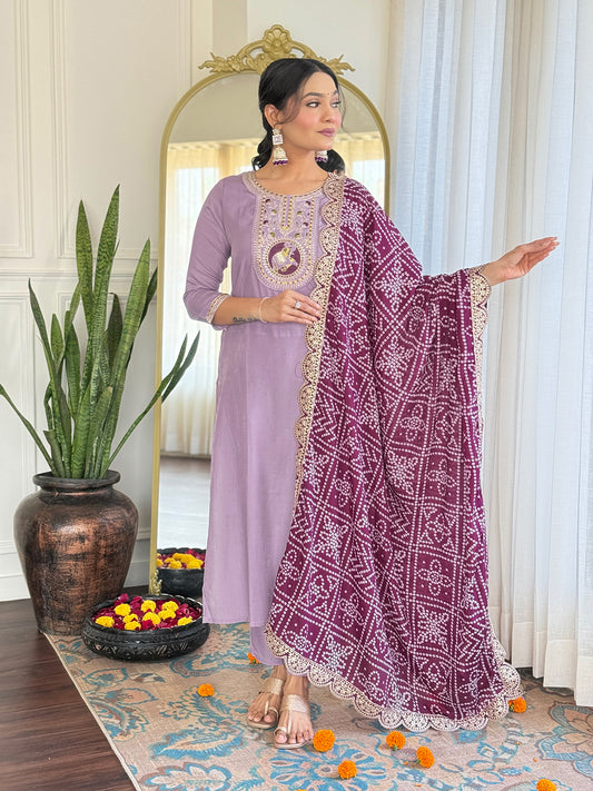 Improbable Lavender Pure Rayon Embroidery Suit Set