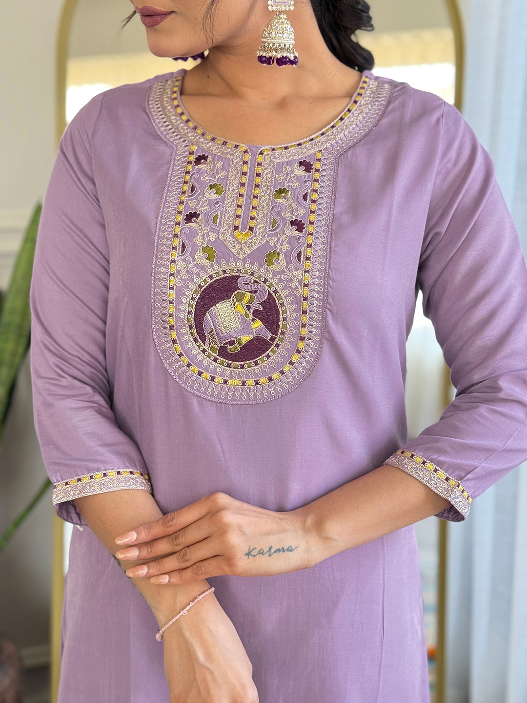 Improbable Lavender Pure Rayon Embroidery Suit Set