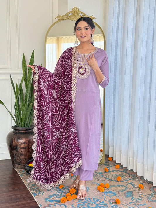 Improbable Lavender Pure Rayon Embroidery Suit Set