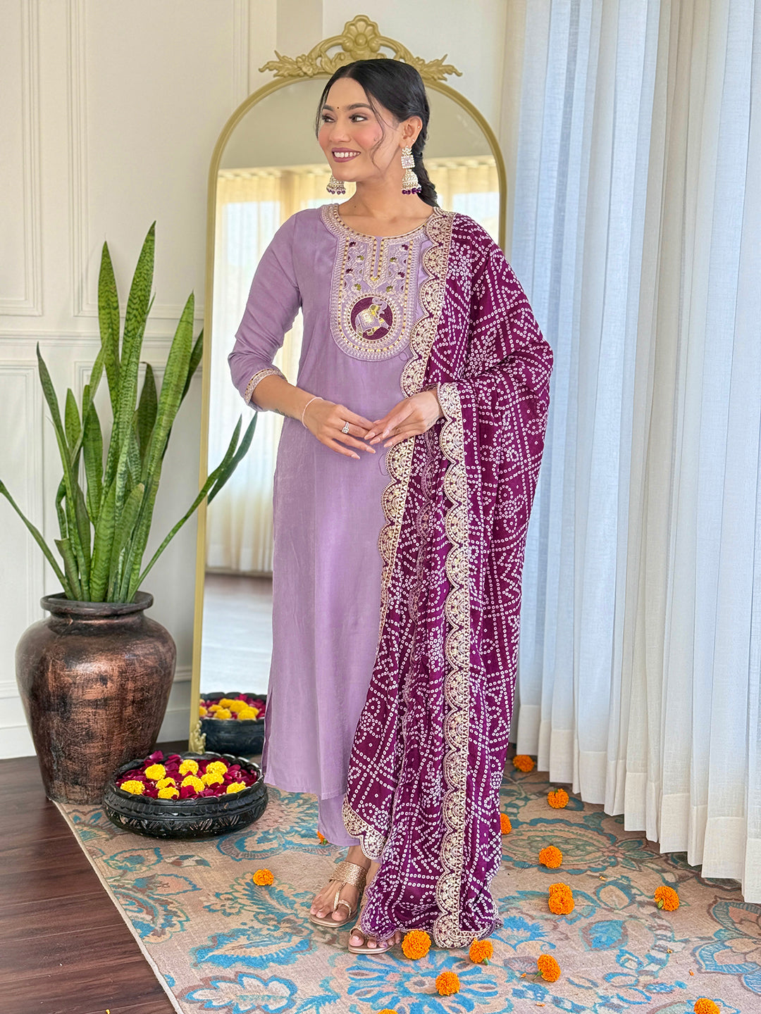 Improbable Lavender Pure Rayon Embroidery Suit Set
