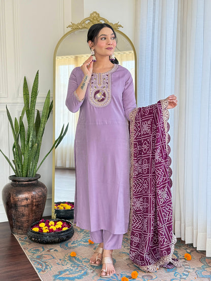 Improbable Lavender Pure Rayon Embroidery Suit Set
