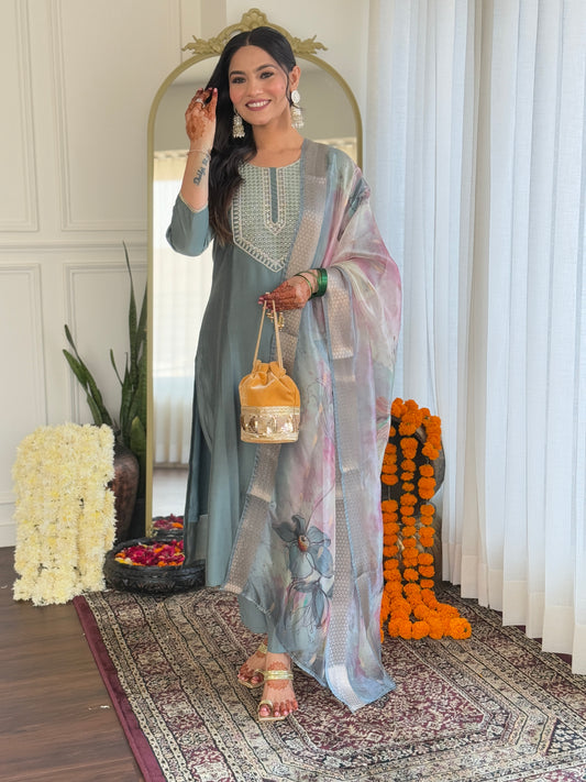 Opulent Pista Pure Viscose Embroidery Suit Set