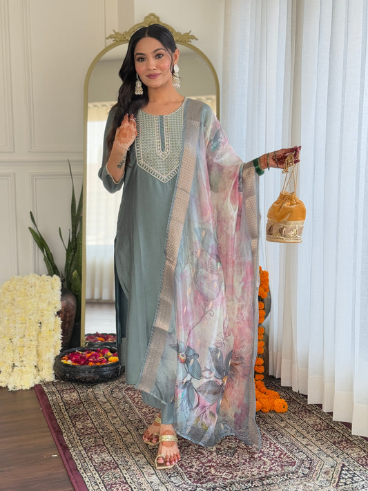 Opulent Pista Pure Viscose Embroidery Suit Set