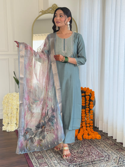 Opulent Pista Pure Viscose Embroidery Suit Set