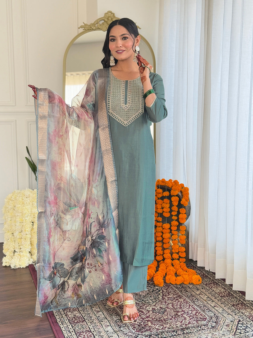 Opulent Pista Pure Viscose Embroidery Suit Set