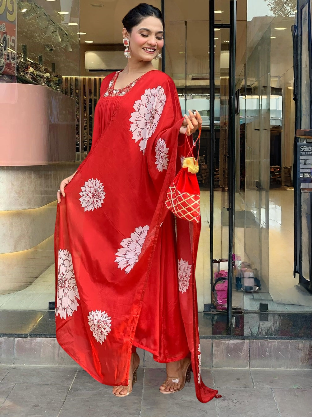 Lovely Red Chinon Embroidered Flared Suit Set