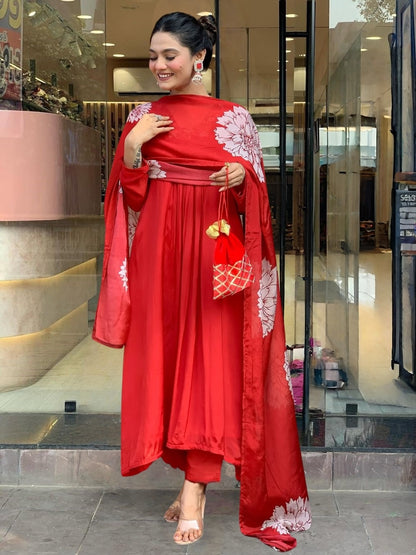 Lovely Red Chinon Embroidered Flared Suit Set