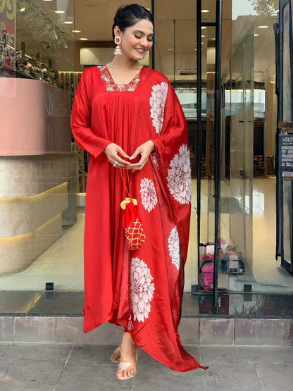 Lovely Red Chinon Embroidered Flared Suit Set