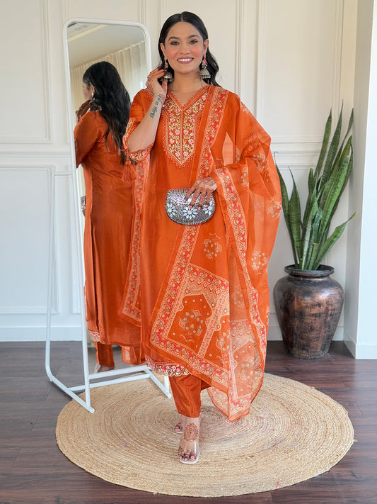 Gleaming Rust Pure Viscose Embroidery Suit Set