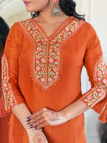 Gleaming Rust Pure Viscose Embroidery Suit Set