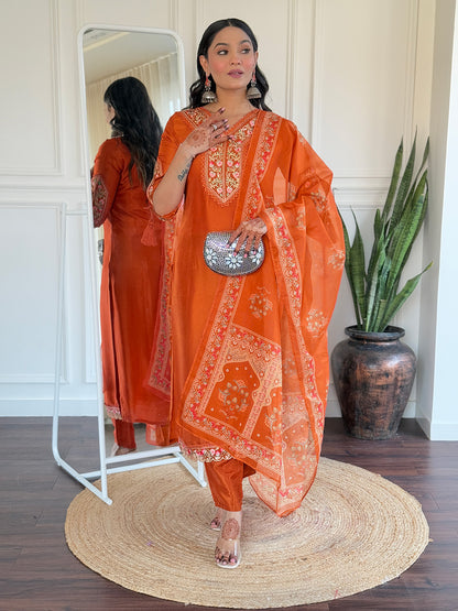 Gleaming Rust Pure Viscose Embroidery Suit Set