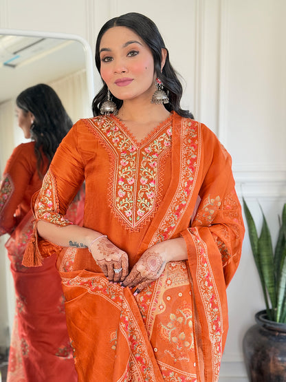 Gleaming Rust Pure Viscose Embroidery Suit Set