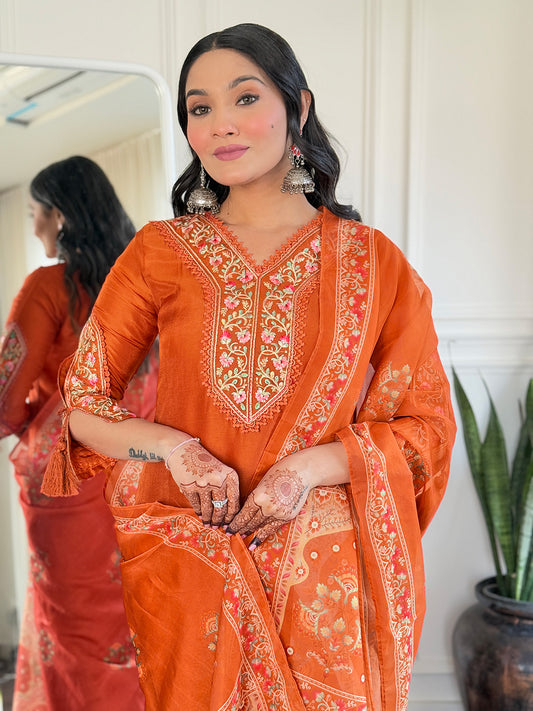 Gleaming Rust Pure Viscose Embroidery Suit Set