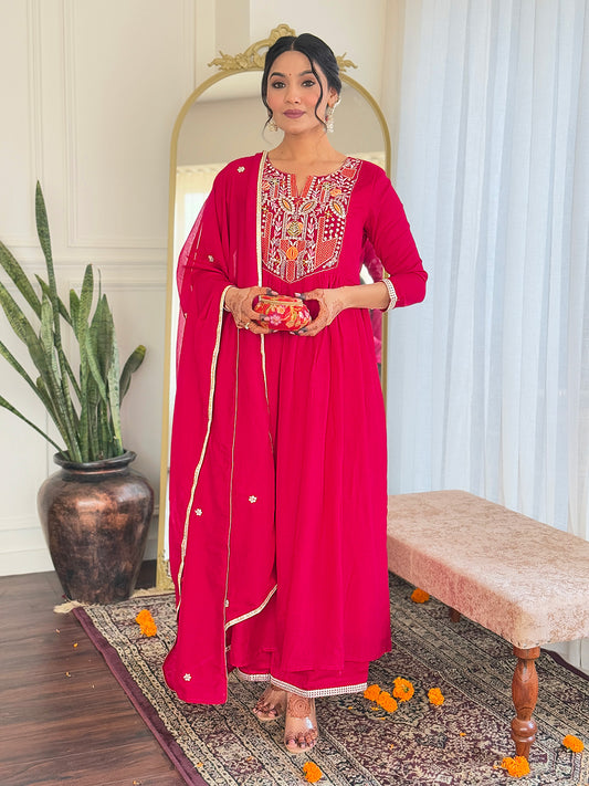 Staring Red Pure Viscose Embroidery Suit Set