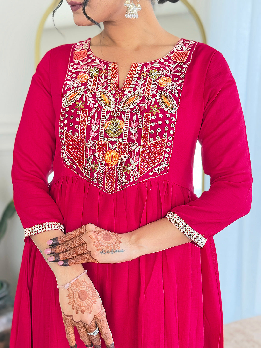 Staring Red Pure Viscose Embroidery Suit Set