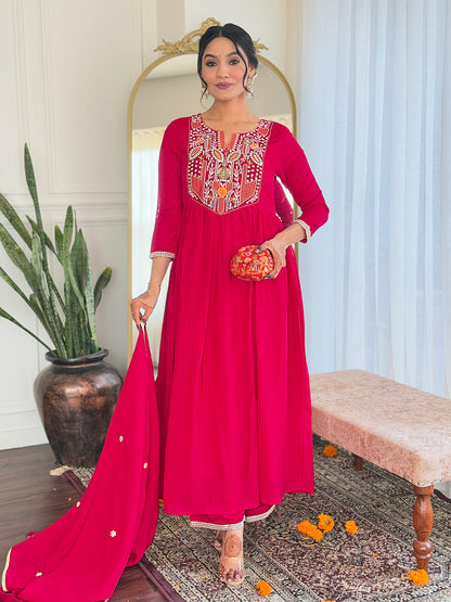 Staring Red Pure Viscose Embroidery Suit Set