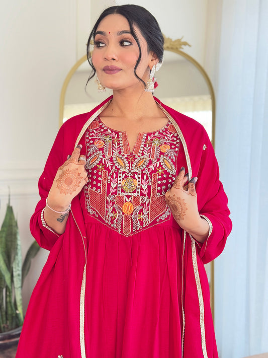Staring Red Pure Viscose Embroidery Suit Set