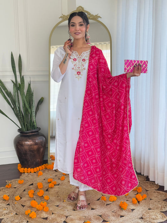 Prominent White Viscose Embroidery Suit Set