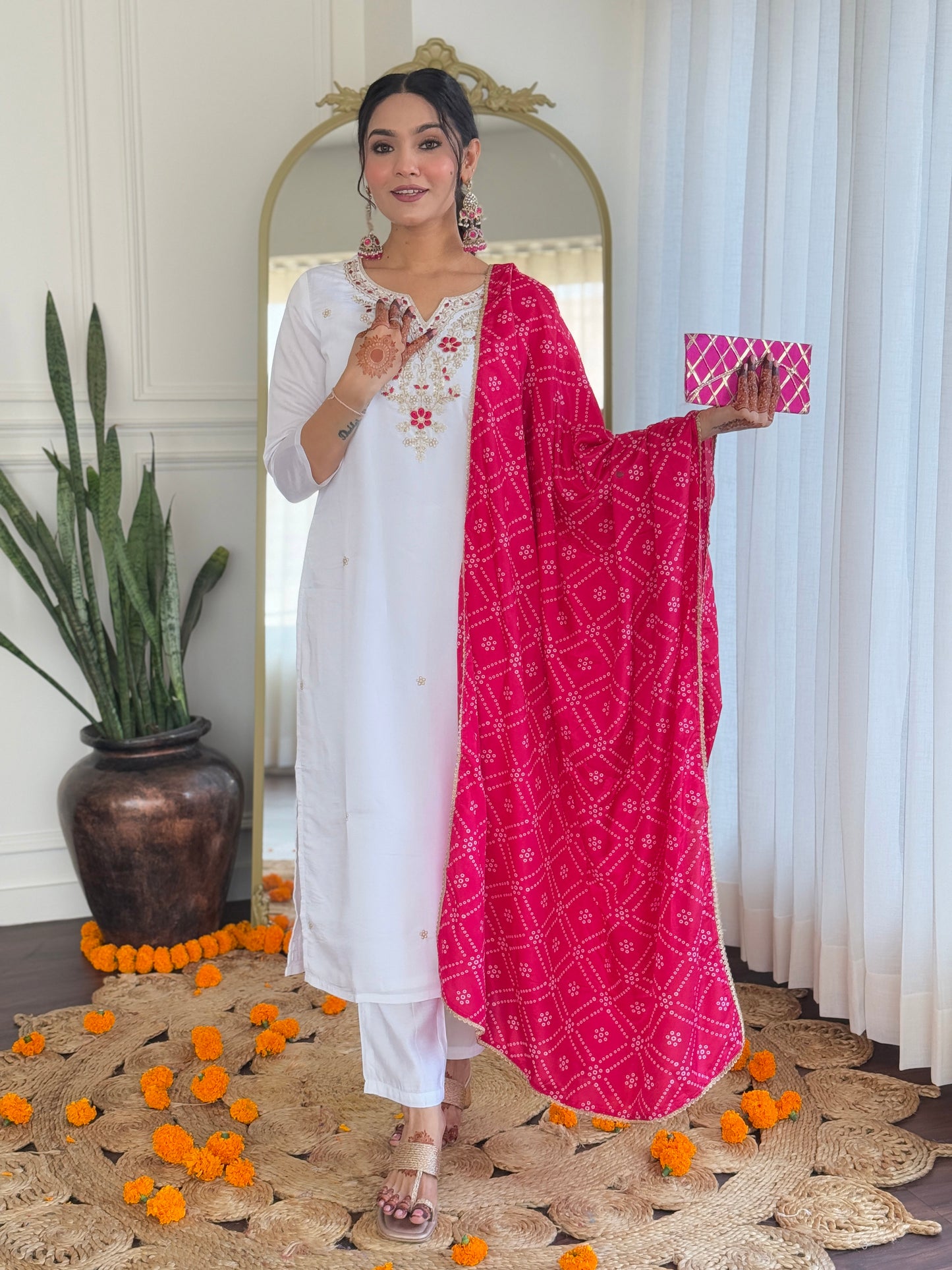 Prominent White Viscose Embroidery Suit Set