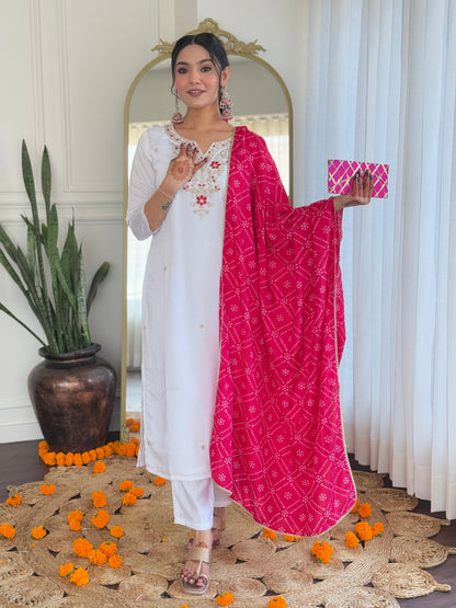 Prominent White Viscose Embroidery Suit Set