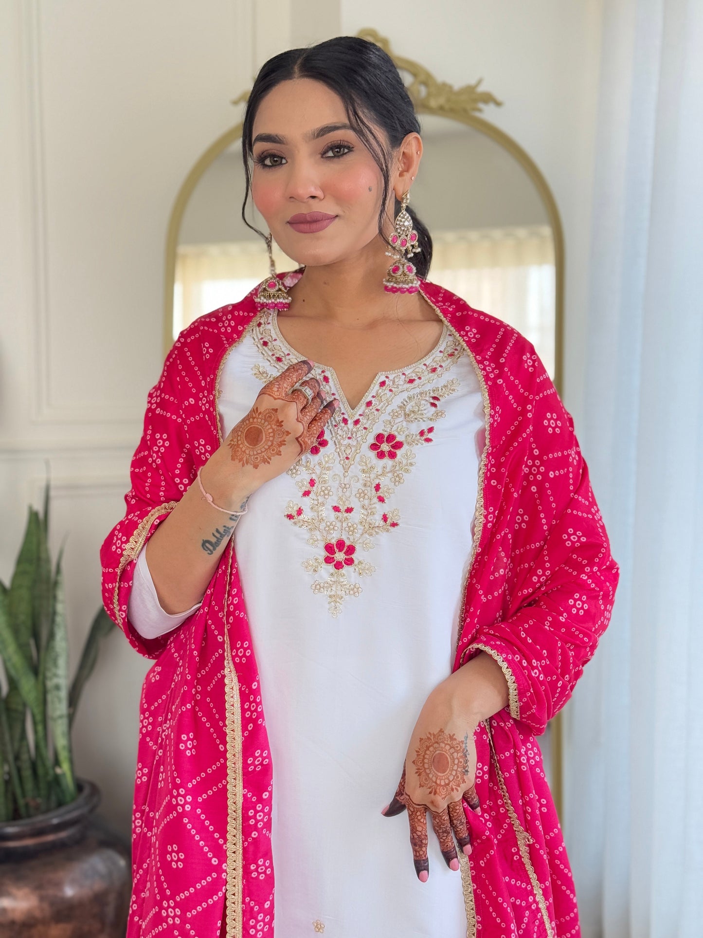 Prominent White Viscose Embroidery Suit Set