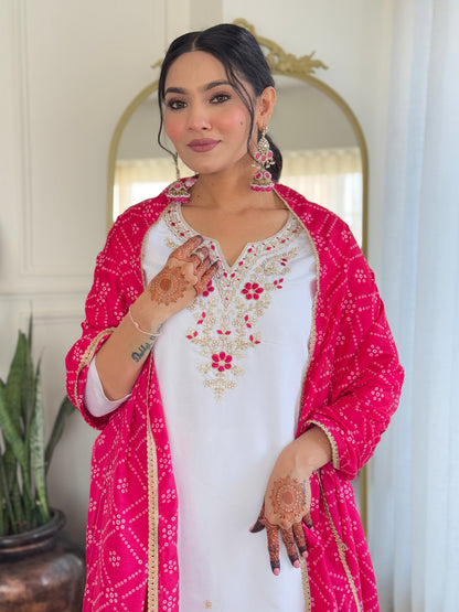 Prominent White Viscose Embroidery Suit Set