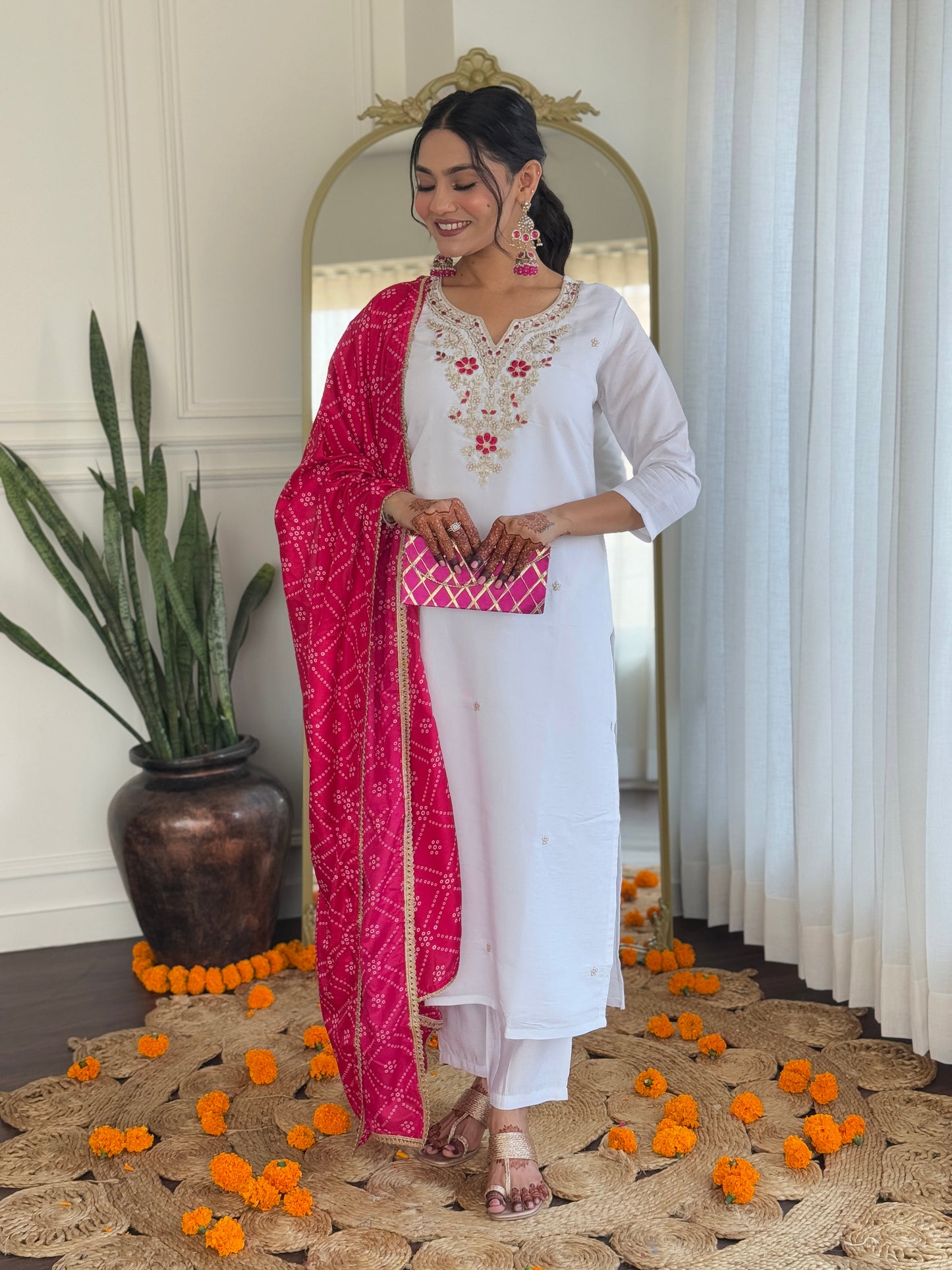 Prominent White Viscose Embroidery Suit Set