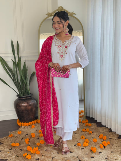 Prominent White Viscose Embroidery Suit Set