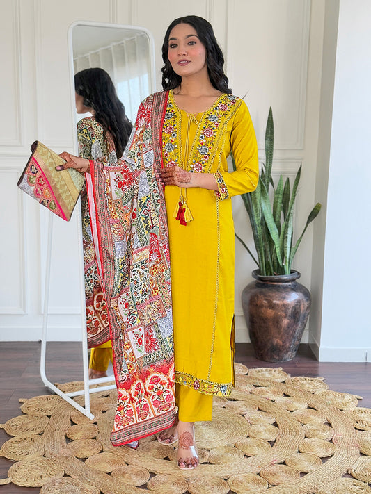 Assemblage Mustard Viscose Embroidery Suit Set