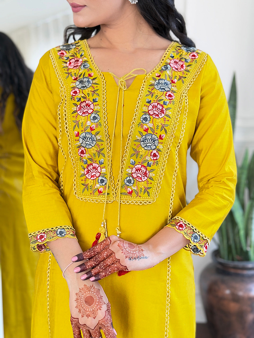 Assemblage Mustard Viscose Embroidery Suit Set