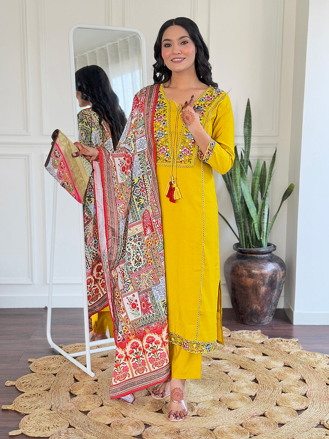 Assemblage Mustard Viscose Embroidery Suit Set