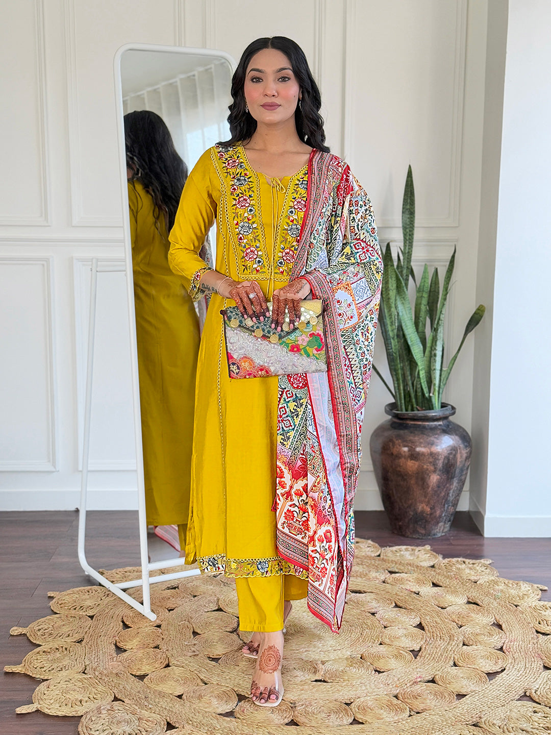 Assemblage Mustard Viscose Embroidery Suit Set