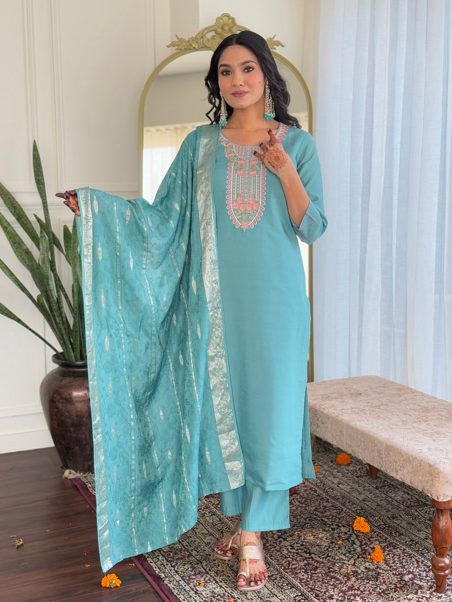 Glittering Sky Chanderi Silk Embroidery Suit Set