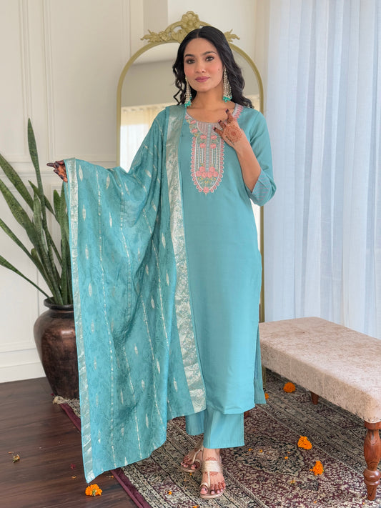 Glittering Sky Chanderi Silk Embroidery Suit Set