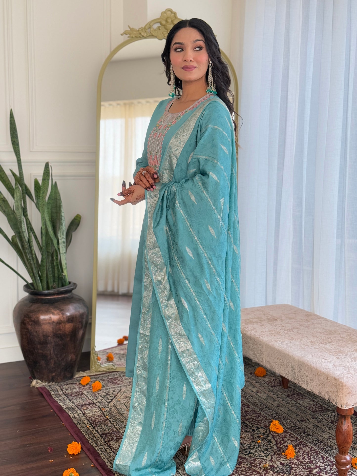 Glittering Sky Chanderi Silk Embroidery Suit Set