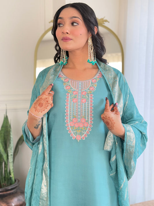 Glittering Sky Chanderi Silk Embroidery Suit Set