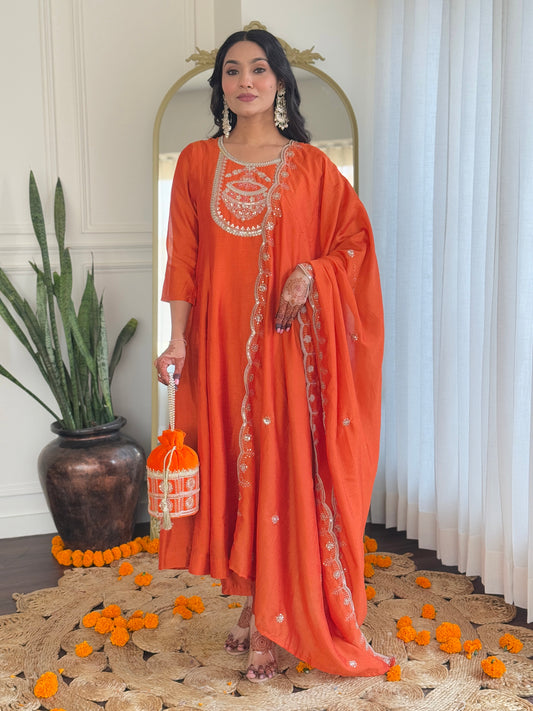 Gleaming Orange Vichitra Silk Embroidery Suit Set