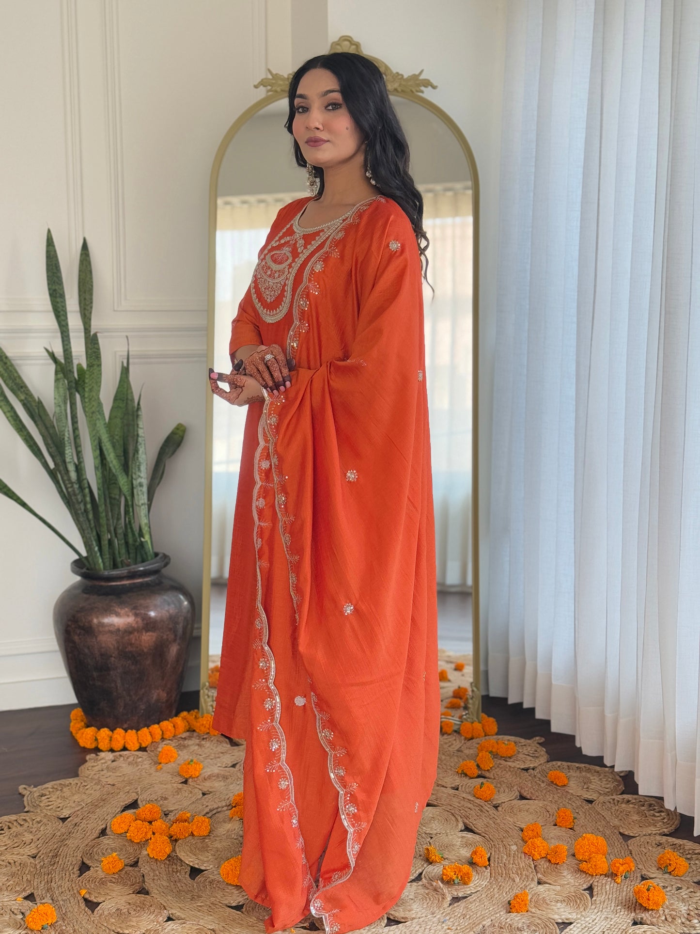 Gleaming Orange Vichitra Silk Embroidery Suit Set