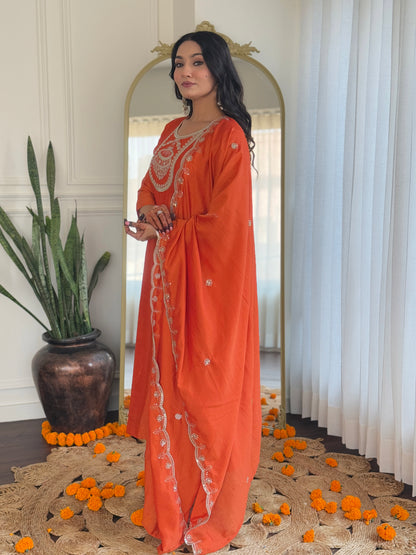 Gleaming Orange Vichitra Silk Embroidery Suit Set