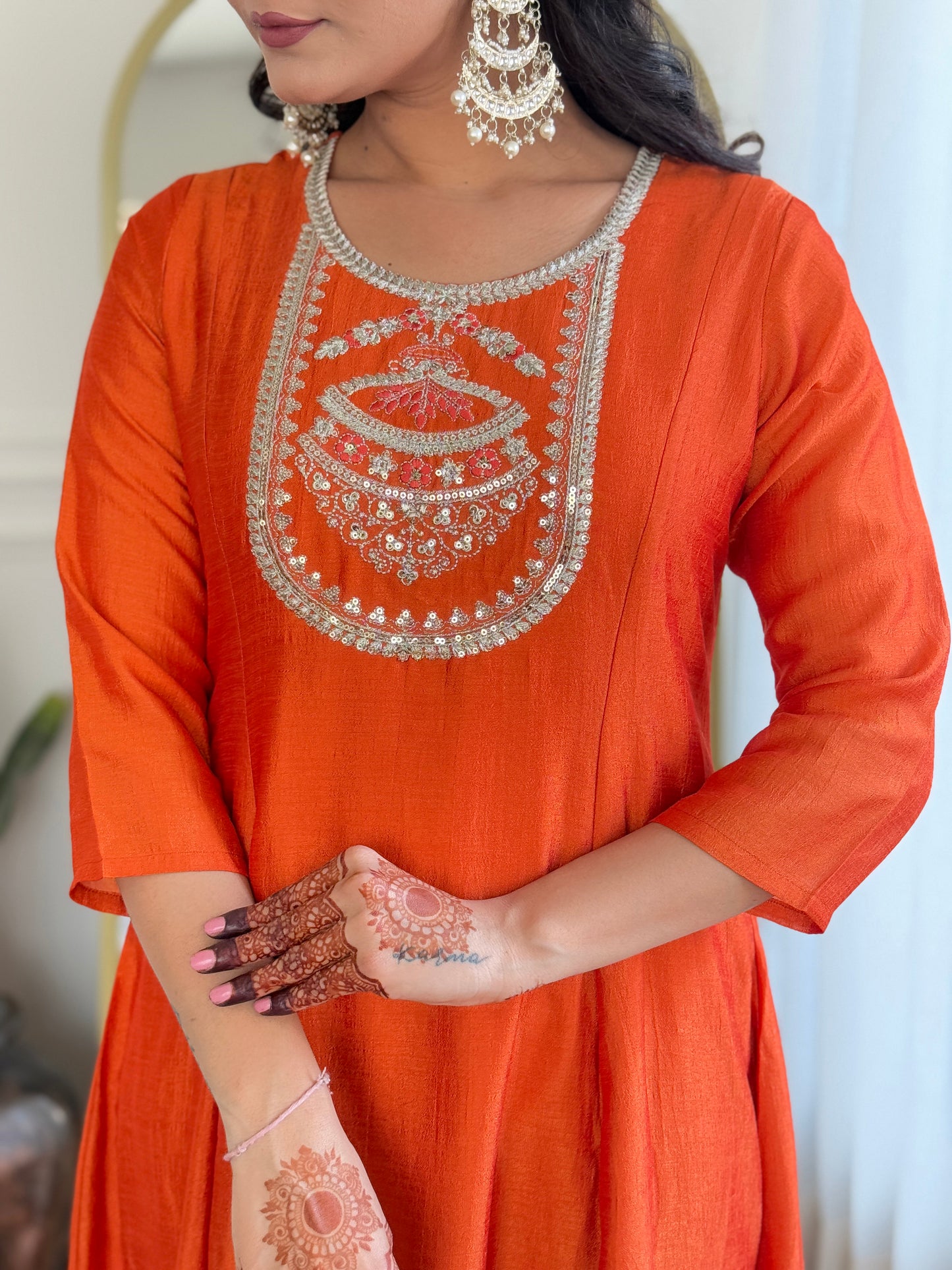 Gleaming Orange Vichitra Silk Embroidery Suit Set