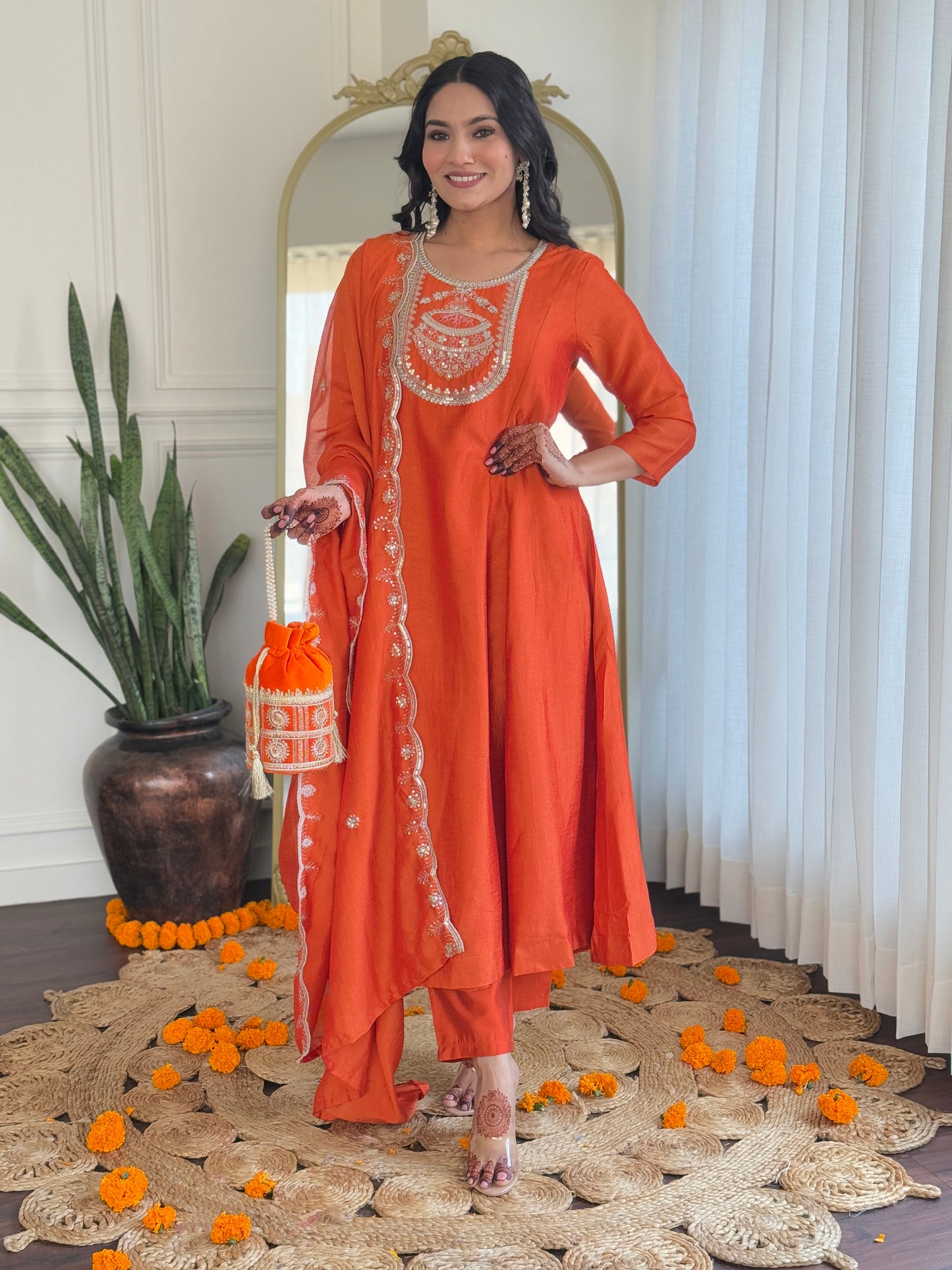 Gleaming Orange Vichitra Silk Embroidery Suit Set