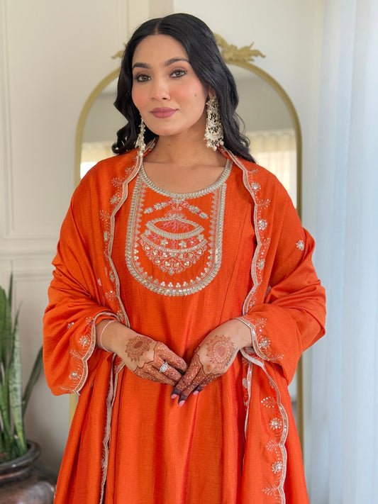 Gleaming Orange Vichitra Silk Embroidery Suit Set