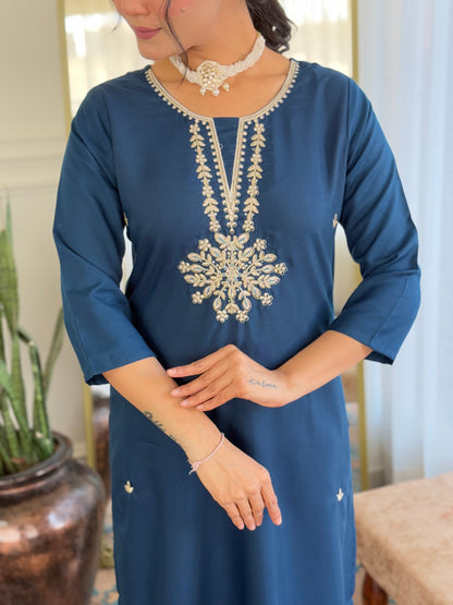 Elegant Blue Rayon Silk Embroidery Suit Set