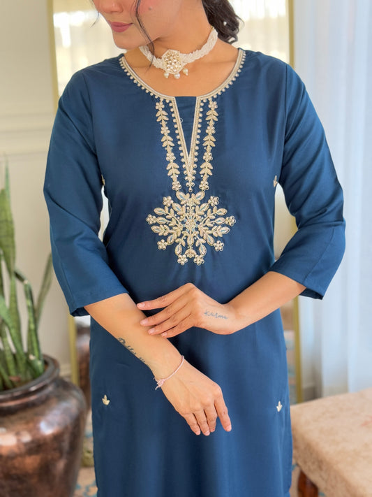 Elegant Blue Rayon Silk Embroidery Suit Set