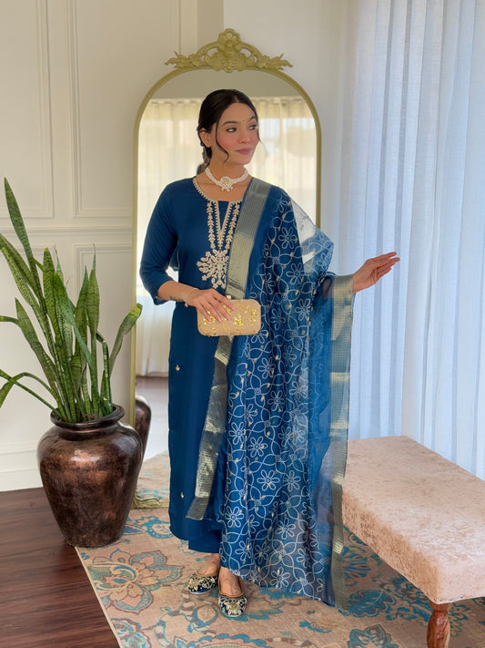 Elegant Blue Rayon Silk Embroidery Suit Set