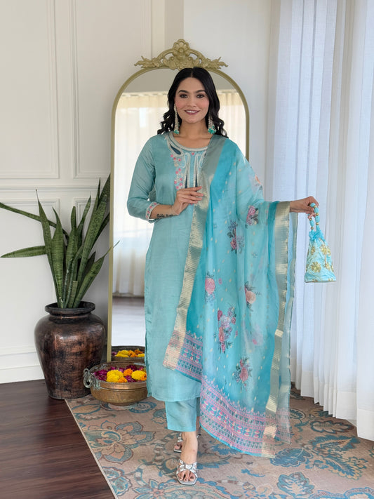 Elegant Sky Viscose Chanderi Embroidery Suit Set