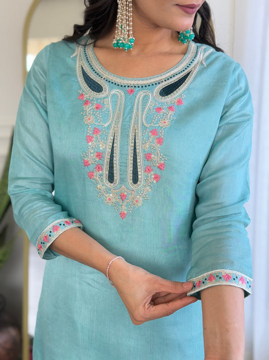 Elegant Sky Viscose Chanderi Embroidery Suit Set