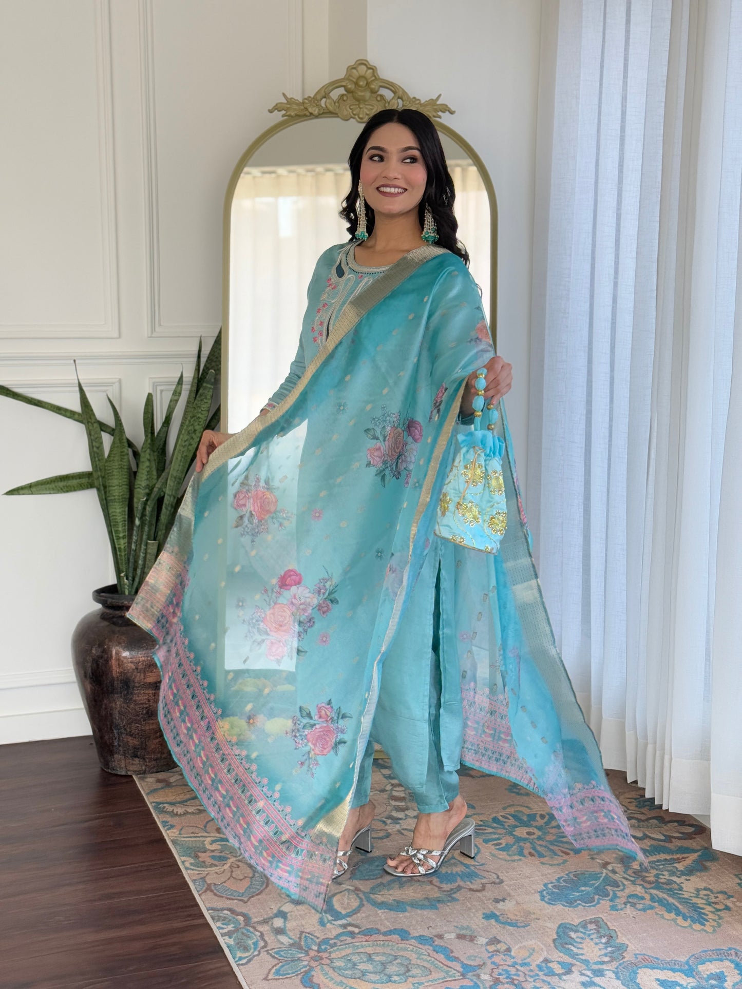 Elegant Sky Viscose Chanderi Embroidery Suit Set