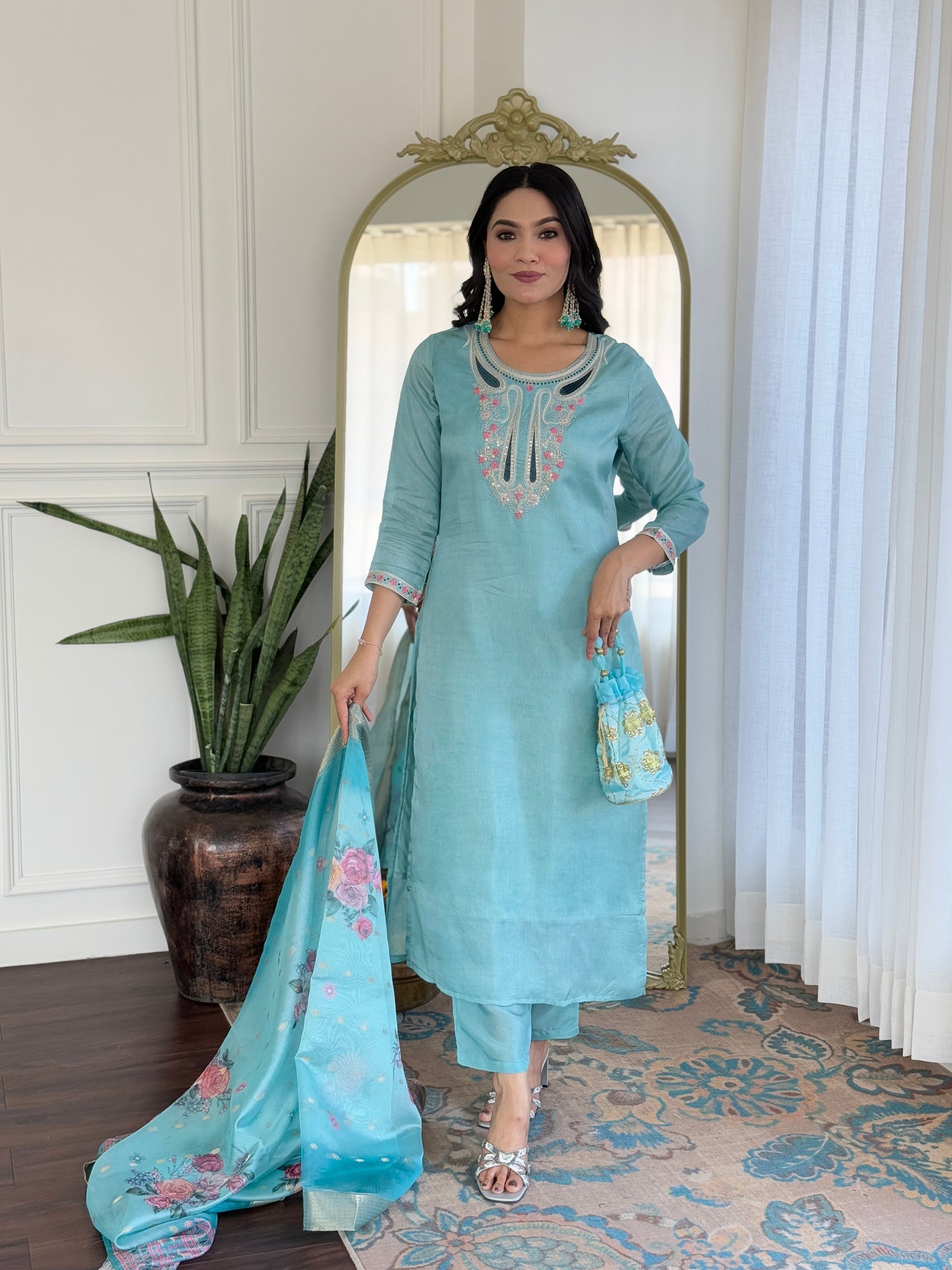 Elegant Sky Viscose Chanderi Embroidery Suit Set