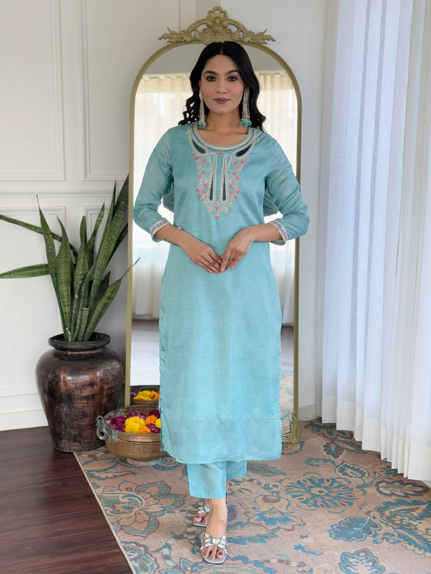 Elegant Sky Viscose Chanderi Embroidery Suit Set